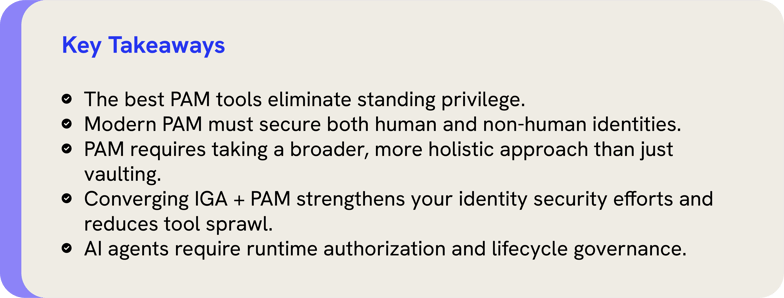 Saviynt guide to Privileged Access Management in the AI Era. Graphic highlights key PAM strategies: eliminating standing privilege, identity convergence of IGA and PAM, and governing AI agent lifecycles.