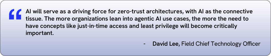 Quote: “AI will serve as a driving force for zero-trust architectures, with AI as the connective tissue. The more organizations lean into agentic AI use cases, the more the need to have concepts like just-in-time access and least privilege will become critically important.”
—David Lee, Field CTO