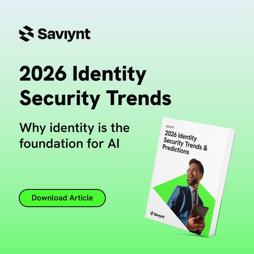 The graphic features a light green gradient background with the headline "Why identity is the foundation for AI" and a bright green "Download Article" button. There is a 3D mockup of the printed report, which shows a man in a suit holding a tablet against a geometric green and white background.