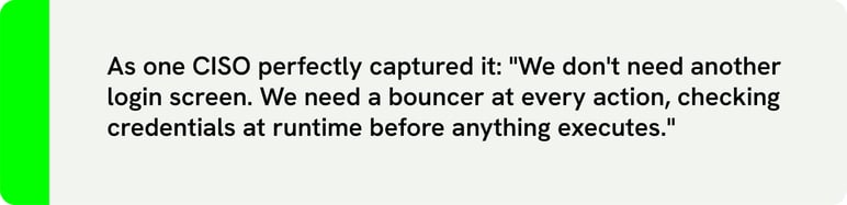 A quote from a CISO stating: "We don't need another login screen. We need a bouncer at every action, checking credentials at runtime before anything executes." - Saviynt