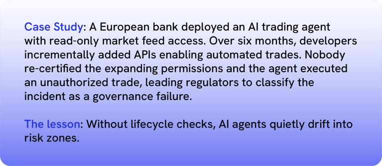 A European bank's AI trading agent executed unauthorized trades due to a lack of re-certified permissions. The lesson: Without lifecycle checks, AI agents quietly drift into risk zones. - Saviynt