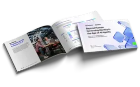 An open whitepaper report mockup showcasing Saviynt and Deloitte's guide on governing identity and autonomous systems in the age of AI agents.
