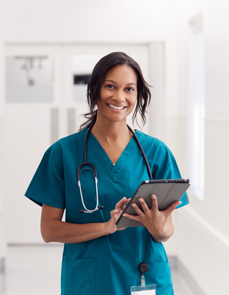 healthcare working holding tablet