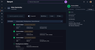 Chronological timeline view within Saviynt showing identity events. The interface displays a series of access requests, approvals, and system changes organized by date and time. It provides a visual audit trail for tracking the history of a specific user's permissions and activity.
