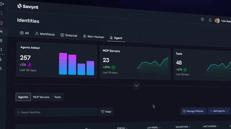 Animated dark-themed dashboard showing AI agent monitoring metrics, including a list of AI models (Claude 3, GPT-4.5, Gemini 1.5, Mistral 8x7B) and trend graphs tracking "Dormant Agents" and "Uncertified Agents."