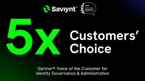 Saviynt logo and Gartner Peer Insights Customers’ Choice 2026 badge featuring text "5X Customers’ Choice" and "Gartner Voice of the Customer for Identity Governance & Administration.