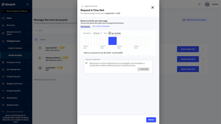 A Saviynt "Request A Time Slot" modal for GCP account access, showing a scheduled window and a business justification field for investigating a production incident.