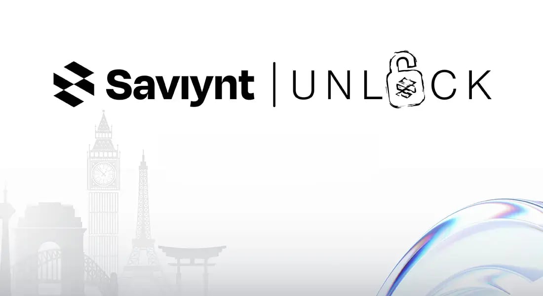 Saviynt UNLOCK logo set against subtle silhouettes of iconic global landmarks, including Big Ben and a Torii gate.