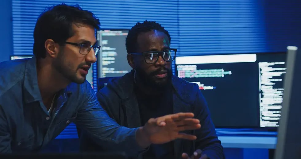 Two technology colleagues collaborating during a discussion in front of computer displays.